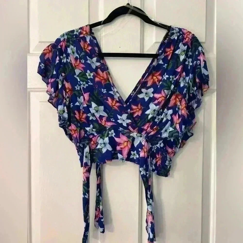 IKY ME Navy Floral Faux Wrap Crop Top Size M